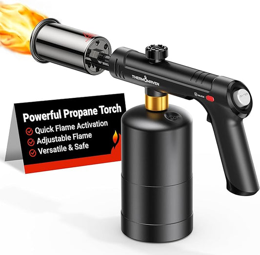 Propane Torch with One-Touch Max Fire, Cooking Blow Torch Gun with a Safety Lock, Charcoal Lighter, Flame Thrower, Kitchen Food Torch Head for Grill, Sous Vide, BBQ, Coal Black