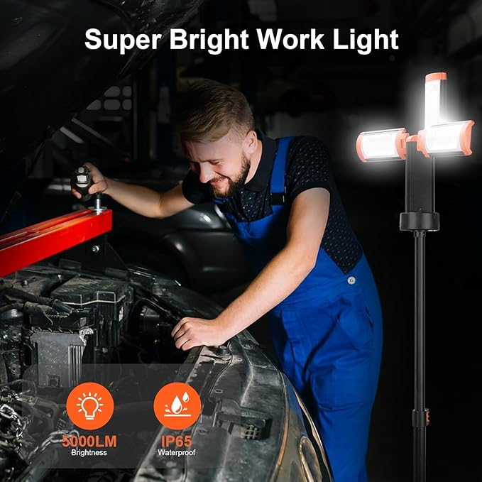 Rechargeable Camping Light with Stand, 73.2" Cordless Work Light, 5000LM, 100W LEDUSB-C Fast Charge 360° Adjustable, 5 Modes & 48H Runtime, Camping Lights for Outdoor, Job Site, Garage, Emergency