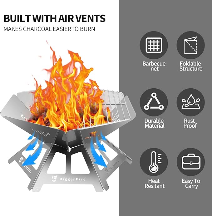 Foldable Portable Fire Pit,Stainless Steel Fire Pits with Charcoal Grill Net and Storage Bag,Camping Fire Pit Grill for Patio Outdoor Barbecue Campfire Bonfire (Large)