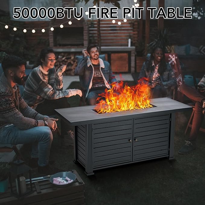 57 Inch Propane Fire Pit Table, 50000BTU Outdoor Gas Fire Pits Rectangular with Rain Cover, Sturdy Steel and Iron Fence Surface, CSA Safety Certified, Companion for Outside Patio Deck Garden