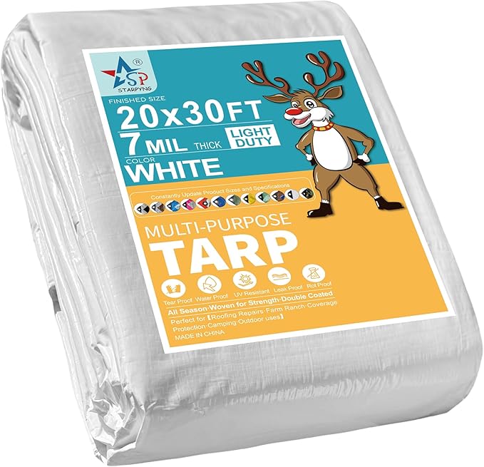 STARPYNG-7 Mil White 20x30 Feet Tarp-Multifunctional White Waterproof Tarpaulin-Waterproof, UV Resistant, Rip and Tear Resistant, Poly Tarpaulin with Reinforced Edges for Cover