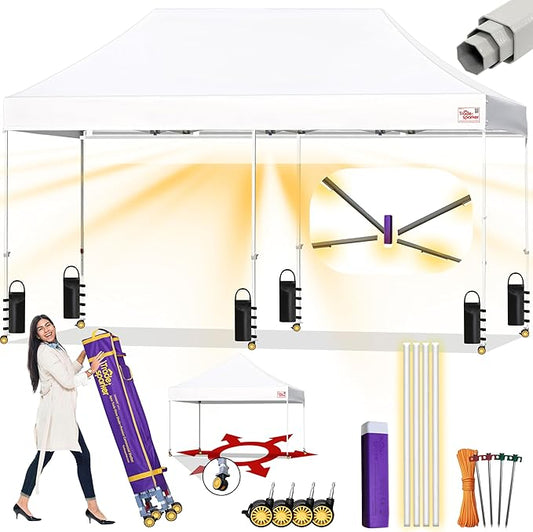 Tradesparker 10x20 Pop Up Canopy Tent,Easy up Commercial Canopy Tent Instant Shelter for Beach Events Parties Camping Market,Pop Up Canopies with LED Curtain+Casters+Weight+Stakes,White