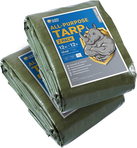 GUARD SHIELD Tarps Heavy Duty Waterproof 12x12 Feet Green Poly Tarp Cover Square Outdoor Thick UV Resistant Tarpaulin with Grommets 10mil (2-Pack)