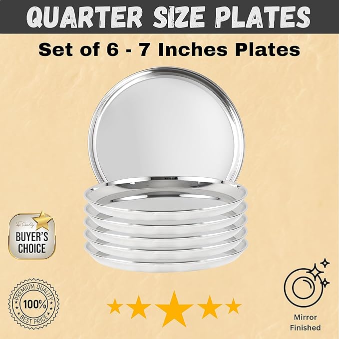 48 Pcs Stainless Steel Dinner Set - Dinnerware set including Dinner Plates, Quarter Plates, Bowls, Tumblers, Forks & Spoons - Home Kitchen Metal Camping Set - Service for 6 (Sticker Free)