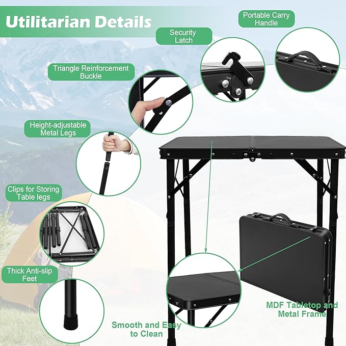 Folding Camping Table, Pure Black 2ft Picnic Table Metal Legs MDF Tabletop, Small Outdoor Table Adjustable Height, Lightweight, Portable Handle for Travel Cooking