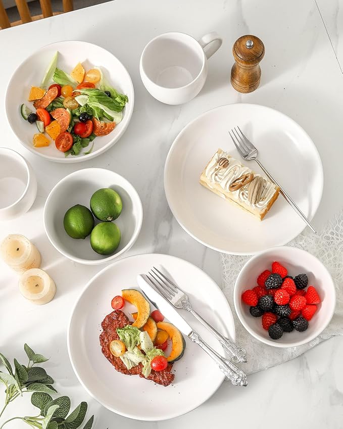 Dinner Plates, 10 Inch Stoneware Plates Set of 4, Ceramic Dinner Dishes for Salad, Pasta, Steak, Pancakes, Scratch Resistant Plate Set, Microwave & Dishwasher Safe, Matte White