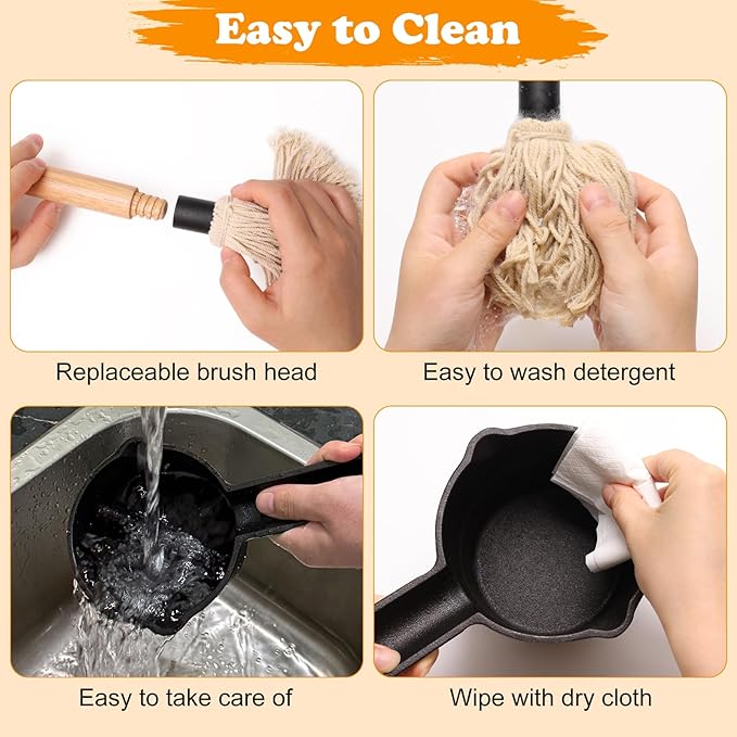BBQ Mop Brushes for Sauce and Cast Iron Sauce Pot, 11Pcs Valuable Basting Brush Set for Grilling, BBQ Sauce Basting Mops Kit Multiple Replaceable Heads for BBQ Basting Mop