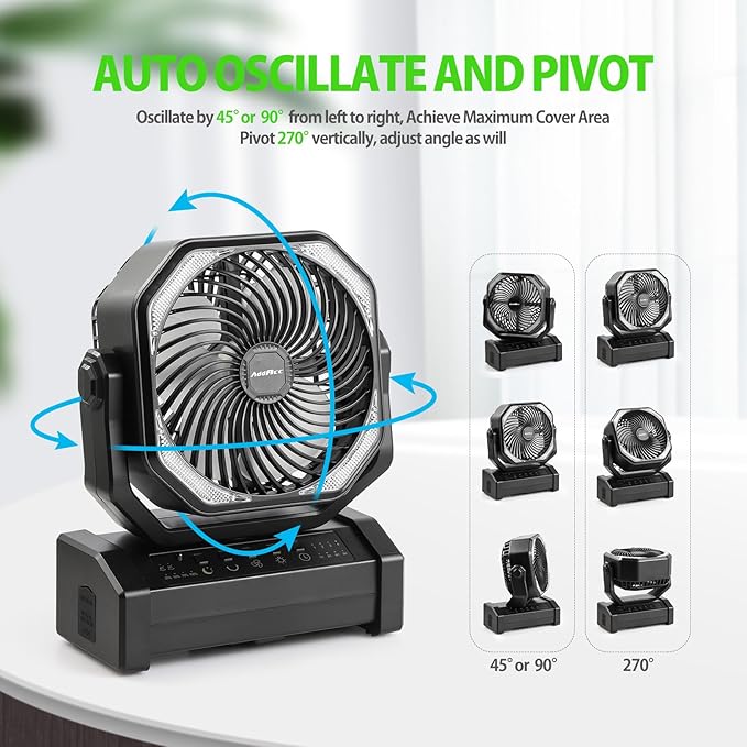20000mAh Rechargeable Camping Fan - Battery Operated Fan with Light & Remote, Auto Oscillating, 4 Timer, 60 Hrs Work Cordless Tent Fan for Travel Outdoor RV Garage Power Outage Emergency
