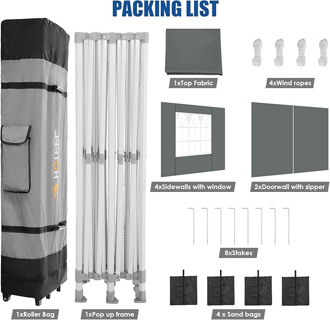 HOTEEL 10x20 Pop up Canopy Tent for Parties, Heavy Duty Easy Setup Tent with 6 Sidewalls, Outdoor Commercial Instant Gazebo for Wedding Event, with Roller Bag & Sand Bags, Grey(Hexagonal Frame)