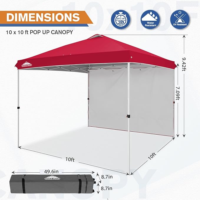 EAGLE PEAK Pop Up Canopy Tent with 1 Sidewall, Easy Setup Event Tent, Outdoor Sun Shade, Wheeled Carry Bag, Stakes and Guy Ropes, Instant Canopy 10x10, Red