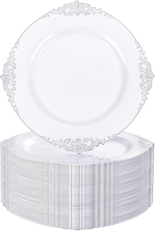 Nervure 100Pcs White and Silver Plastic Plates - 7.5 inch White Plastic Plates with Silver Rim - Disposable Dessert Plate for Wedding & Party