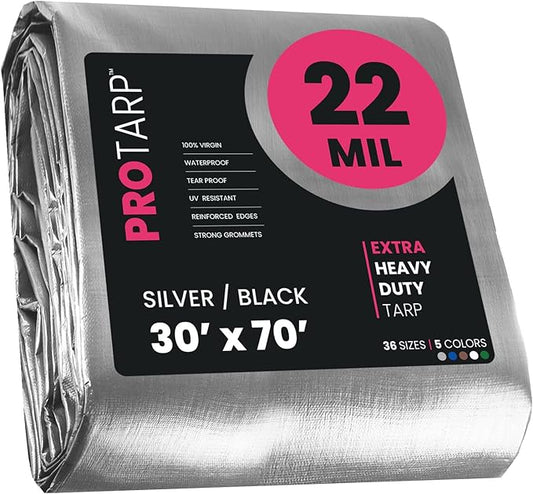 PROTARP Extreme Heavy Duty 22 Mil Tarp Cover, Waterproof, UV Resistant, Rip and Tear Proof, Poly Tarpaulin with Reinforced Edges for Roof, Camping, Patio, Pool, Boat. (Silver/Black 30′ X 70′)