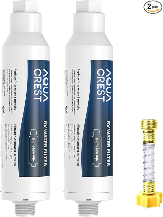 AQUA CREST RV Inline Hose Water Filter, Garden and Camper, NSF Certified, Greatly Reduces Chlorine, Bad Taste, Odor, 2 Pack with Hose Protector (Package May Vary)
