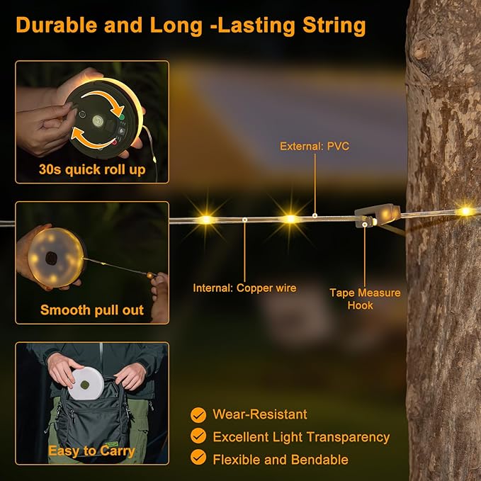 Camping String Lights, 4 in 1 Portable Camping Lights Rechargeable with 8 Lighting Modes, Remote Control, Quick Storage, 33FT Waterproof Tent Lights for Hiking, Yard, Party, Christmas Decor
