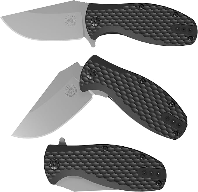 Off-Grid Knives - Badger EDC Folding Knife with Sandvik 14C28N Blade, Ball Bearing Pivot, G10 Scales, Grid-Lock, Ambidextrous Deep Carry Clip (Tumbled Stone)