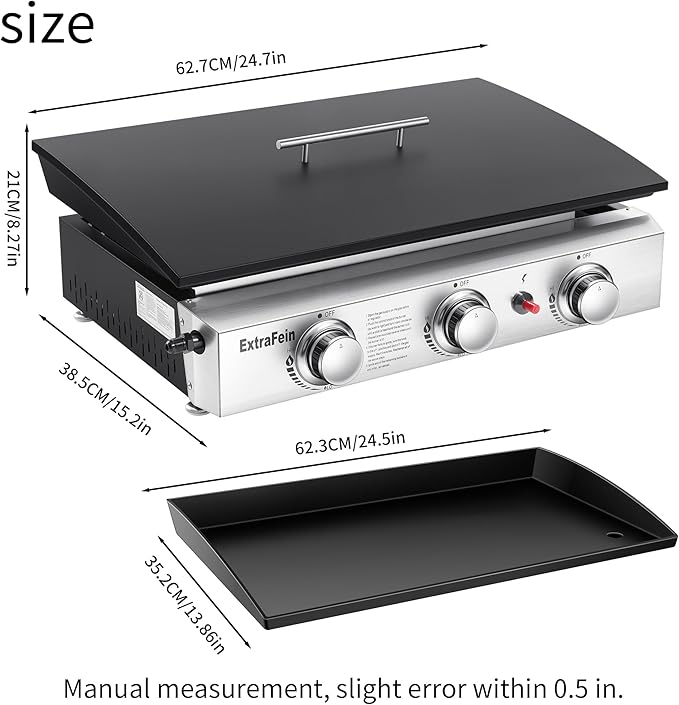 Gas Griddle Flat Top 24 Inch, 3 Burner, 30000 BTU, Stainless Steel Tabletop Grill with Lid and Iron Pan, Portable Griddle Propane for Kitchen, Camping, Outdoor, Tailgating, Barbecue