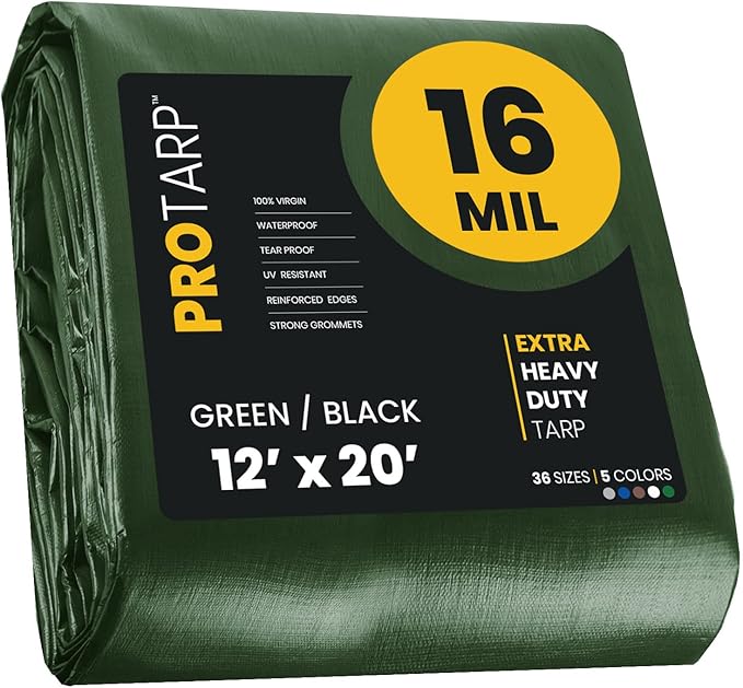 PROTARP Extra Heavy Duty 16 Mil Tarp Cover, Waterproof, UV Resistant, Rip and Tear Proof, Poly Tarpaulin with Reinforced Edges for Roof, Camping, Patio, Pool, Boat. (Green/Black 12′ X 20′)