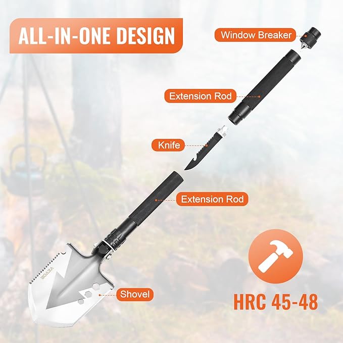 VEVOR Survival Shovel, 8 in 1 Camping Shovel Folding Multitool Kit, Portable and Compact, Stainless Steel, Multifunction for Off-Roading, Camping, Hiking, Outdoor, Survivalist and Emergency