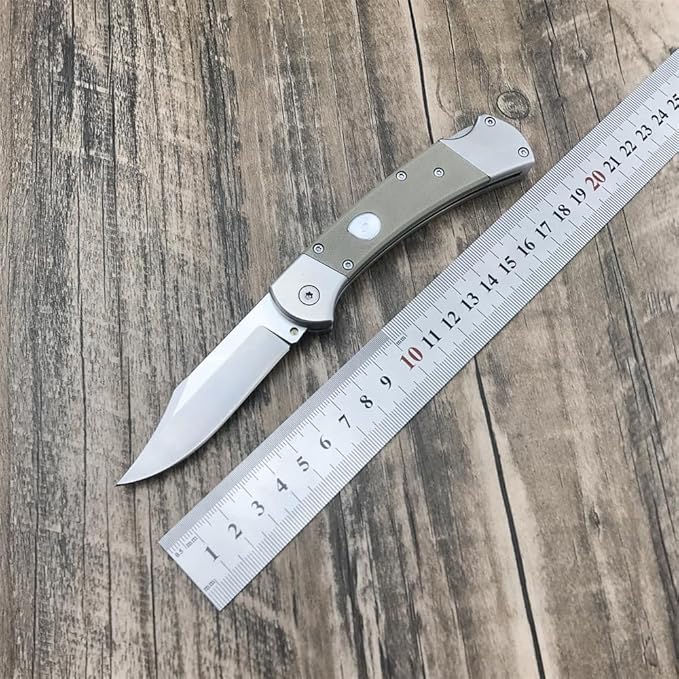 push button assisted opening Folding Knife,440C Stainless Steel Blade, Backlock G10 Handle with Leather Sheath, EDC Pocket Knives for Men (Khaki)