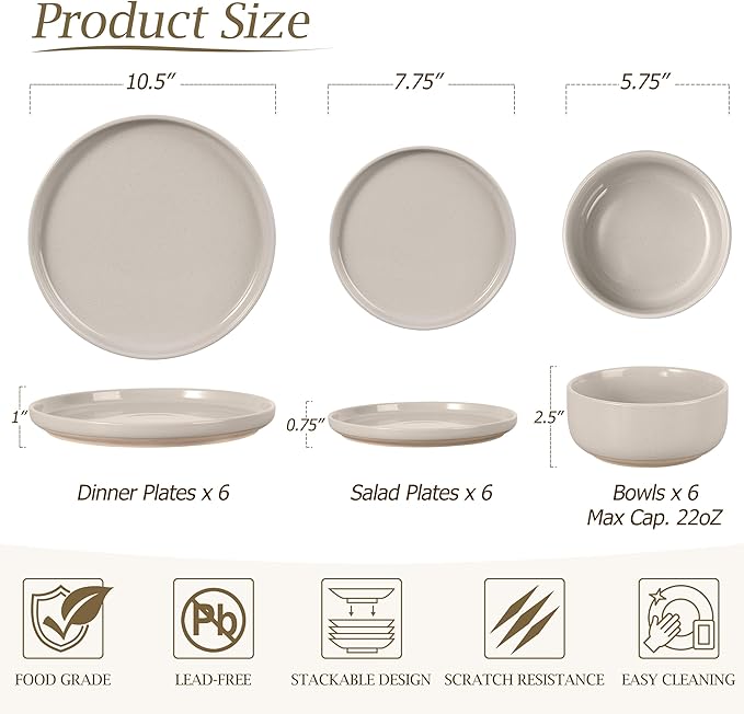 LIANYU Ceramic Dinnerware Sets for 6, 18 Piece Dish Dinner Set for Dessert Salad Pasta, Stoneware Kitchen Dining Plates and Bowls, Chip & Scratch Resistant, Milky Brown
