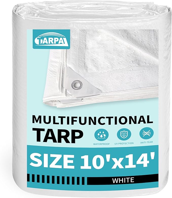 TARPAL 10x14 Feet White Tarp Waterproof Lightweight tarps Multipurpose Protective Cover All Purpose Poly Tarps Cover for Firewood,Boat,Pet House,Roof Waterproofing
