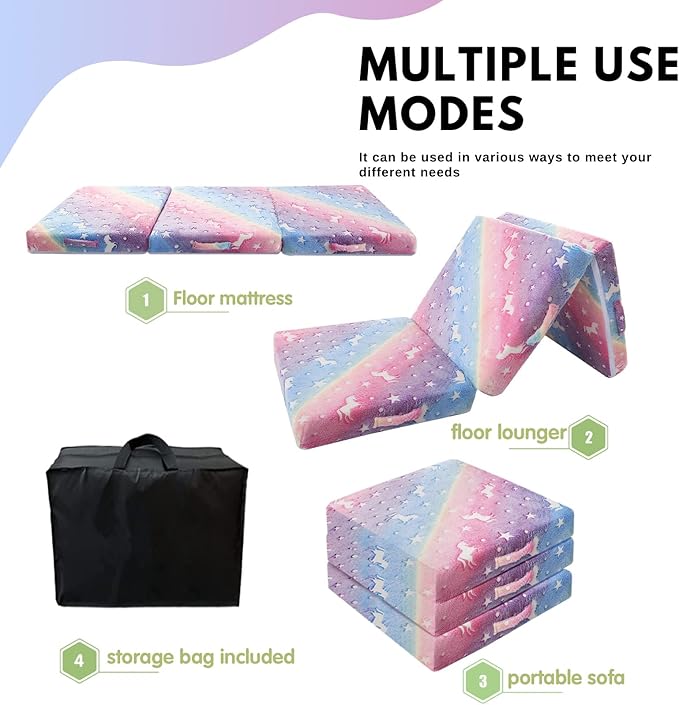 MeMoreCool Glow Rainbow Unicorn Foldable Floor Mattress for Kids, Trifold Nap Mat for Toddlers, Portable Daycare Sleeping Futon or Floor Bed, 63x26 Inch