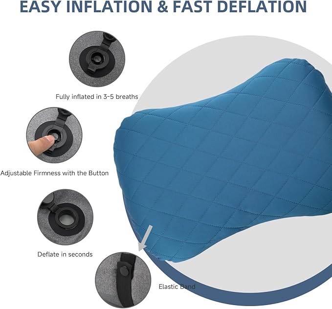AIRSPIRIT Inflatable Camping Pillow Ultralight Adjustable Firmness, TPU Travel Pillow for Neck & Lumbar Support, Hiking, Backpacking, Airplane, Car Travel & Beach with Removable Washable Cover (Blue)