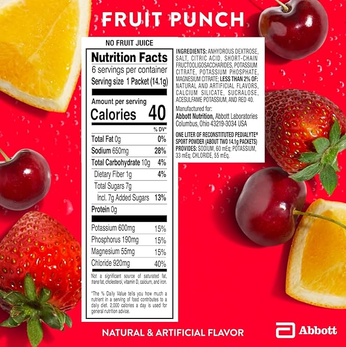 Pedialyte Sport Electrolyte Powder, Fast Hydration with 5 Key Electrolytes for Muscle Support Before, During, & After Exercise, Fruit Punch, 0.49 Oz Sachets 6 Count (Pack of 6)