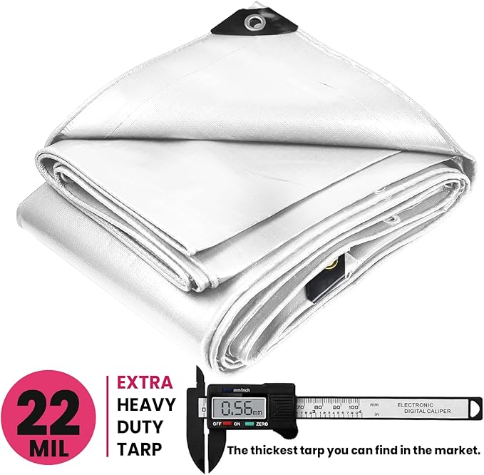 PROTARP Extreme Heavy Duty 22 Mil Tarp Cover, Waterproof, UV Resistant, Rip and Tear Proof, Poly Tarpaulin with Reinforced Edges for Roof, Camping, Patio, Pool, Boat. (White 12′ X 25′)