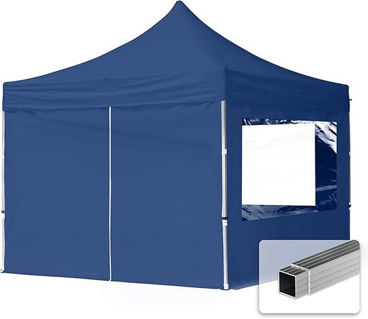 10x10 ft PES 700 Pop up Canopy Tent Economy Aluminium 1.3 in., incl. 4 Sidewalls with Panorama Windows, Dark Blue
