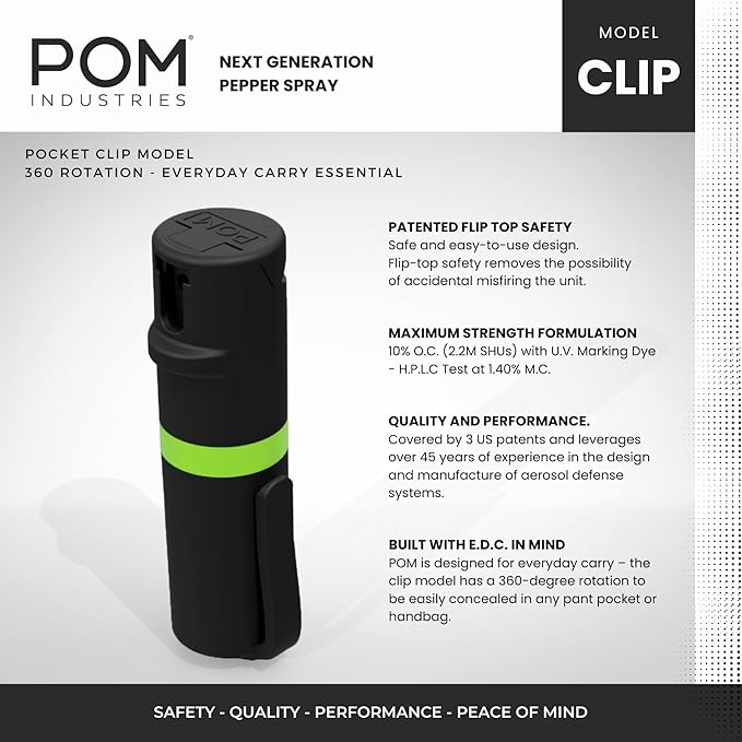 POM Pepper Spray Combo Pack Clip & Keychain - Maximum Strength OC Spray Self Defense- Tactical Compact & Safe Design - 25 Bursts & 10 ft Range - Stream Spray Pattern
