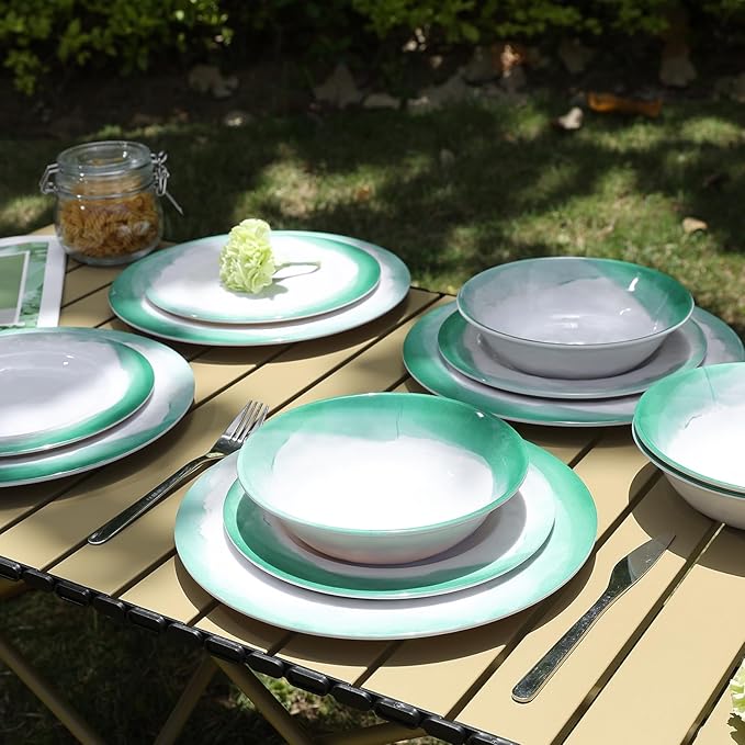 Melamine Dinnerware Sets, 12pcs Plates and Bowls Set, service for 4, Dishwasher Safe, Indoor and Outdoor Use, Green Melamine dishes
