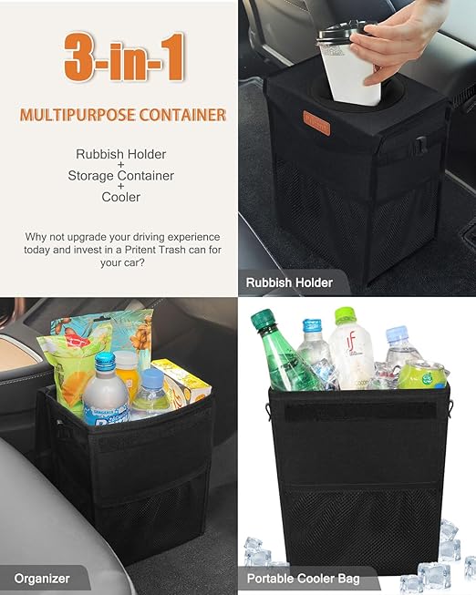 Car Trash Can with Lid, Cute Leakproof Car Trash Garbage Bag Hanging Vehicle Trash Bin Small Portable Automotive Garbage Cans Organizer for Back/Front Seat/Console(Trapezoid,Black)
