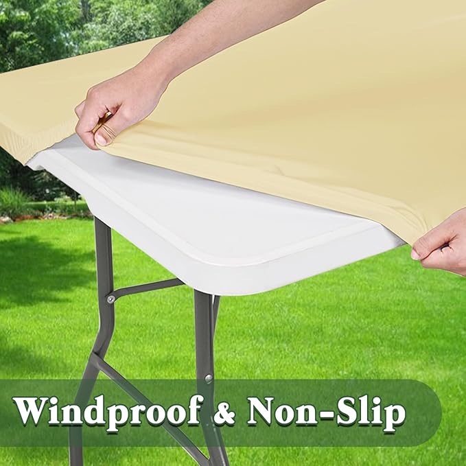 6 Pack Picnic Table Cover Fitted Elastic Outdoor Tablecloths for 8 Foot Rectangle Tables Waterproof Stretch Washable Patio Folding Spandex Table Cloth for Camping Banquet Parties (Champagne,30" x 96")