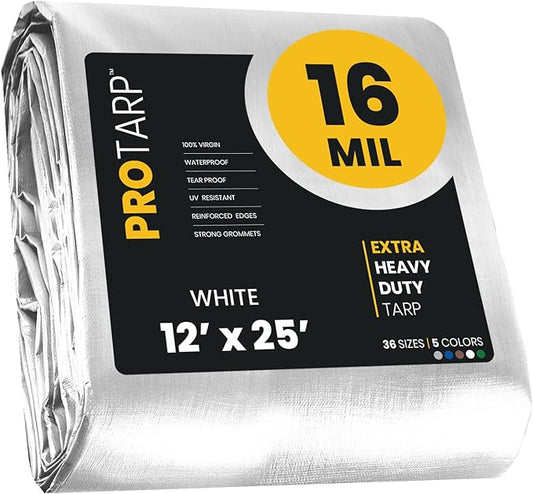 PROTARP Extra Heavy Duty 16 Mil Tarp Cover, Waterproof, UV Resistant, Rip and Tear Proof, Poly Tarpaulin with Reinforced Edges for Roof, Camping, Patio, Pool, Boat. (White 12′ X 25′)