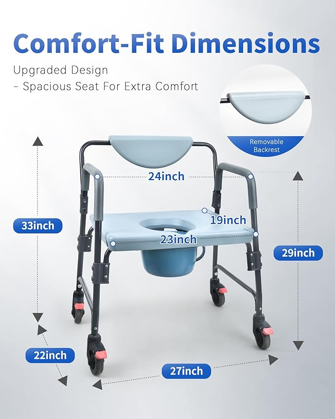 Sangohe Bedside Commode, Portable Toilet for Elderly, Rolling Commode with Wheels, Rear Locking Wheels, Bariatric Bedside Commode, 7-qt Commode Bucket Included, Extra Wide Seat, 601A