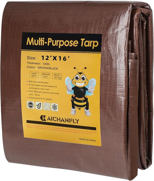 Heavy Duty Double-Sided Waterproof Poly Tarp 12x16 Feet 12mil Thick Polyethylene Tarps, Perfect for Outdoor Use, Plastic Cover & Mat for Tent Camping Storage Boat Bikes Vehicles