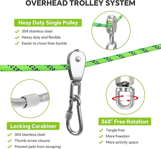Dog Camping Essentials 50ft Portable Overhead Trolley System Pet Camping Leash for Dogs up to 200lbs Dog Runner for Yard