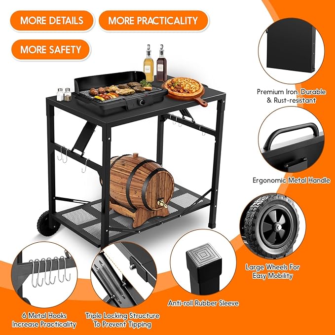 KHAMAL Grill Cart Outdoor with Wheels - Foldable Pizza Oven Stand Table, Portable Dining Cart Table for Outdoor, BBQ, Indoor, Kitchen(Black with Black Handle)