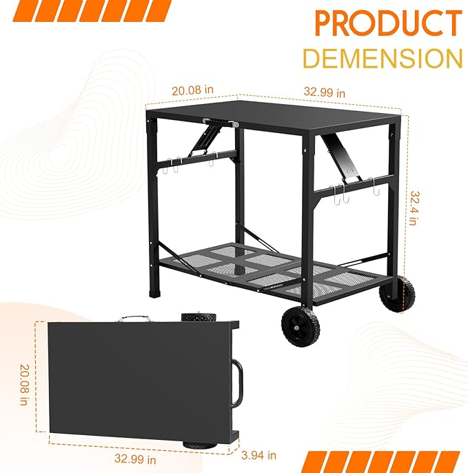 KHAMAL Grill Cart Outdoor with Wheels - Foldable Pizza Oven Stand Table, Portable Dining Cart Table for Outdoor, BBQ, Indoor, Kitchen(Black with Black Handle)