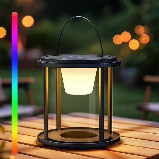 Solar Outdoor Table Lamp, Portable Metal Lantern with Multicolor, Water-Resistant Table Lamp Rechargeable with USB and Solar Charging, for Patio, Garden, Camping, Yard, Porch
