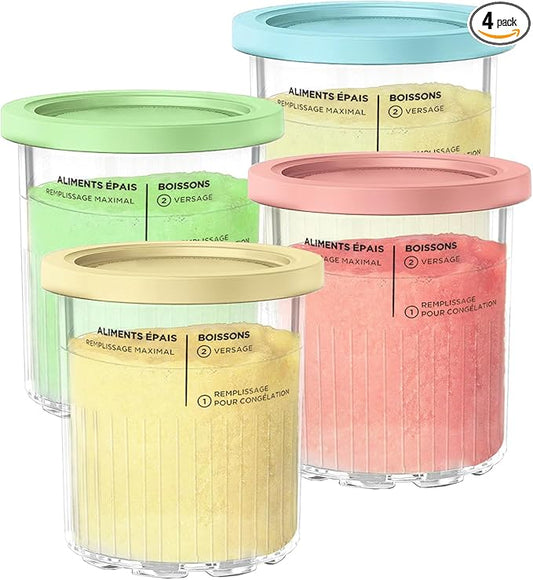 Creami Pints and Lids for Ninja | 4 Pack, 24OZ XL Size Compatible with Ninja Creami 11-in-1 NC501 NC500 Series Deluxe Ice Cream Maker BPA-Free & Dishwasher Safe (Deluxe-Blue/Pink/Green/Yellow)