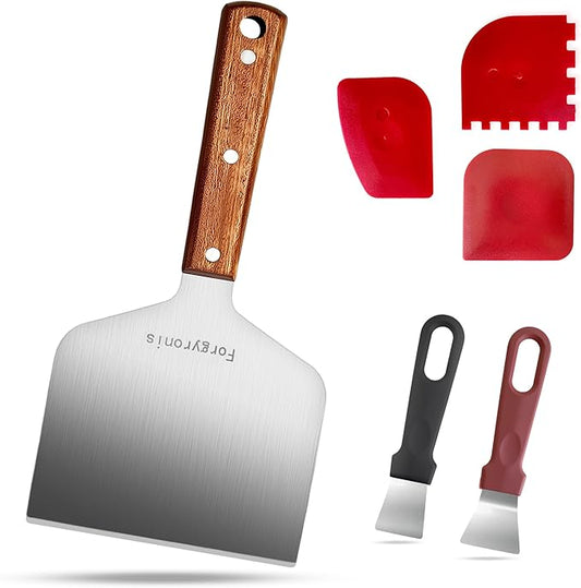 Griddle Scraper Set Includes A Wide Grill Scraper (Burger Scraper, Spatula Burger), 2 Stainless Steel Cleaning Scrapers and 3 Pan Scraper, Griddle Cleaning Kit for Blackstone.