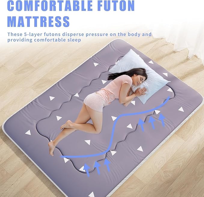 Japanese Futon Mattress, Foldable Tatami Mat Portable Dormitory Sleeping Pad with Bag & Strap, Floor Thicken Sleeping Roll up Camping Mattress (Grey WS1, 39" X80")