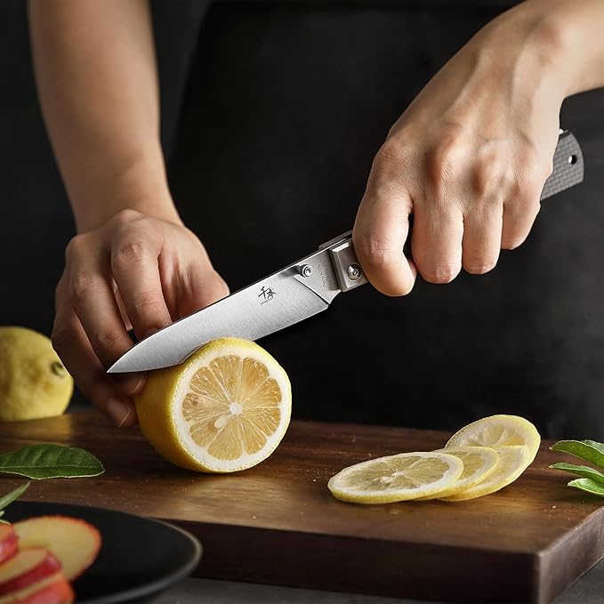 SENBON 440 Stainless Steel Super Sharp Pocket Folding Chef Knife Peeling Utility Knife Carbon Fiber Handle Camping Barbecue Outdoor Back Clip Portable Fruit Knife
