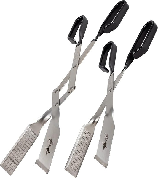 Shark BBQ Tongs for Steaks, 2-Pack 17" & 13" Professional Kitchen and Outdoor Grilling Utensil Set, by Shark BBQ Grill Tongs -(Black)
