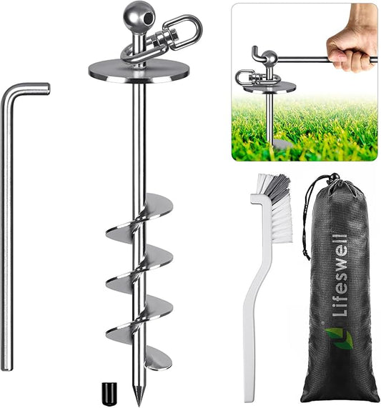 16 Inch Dog Tie Out Stake, Heavy Duty Screw in Anchor for Dogs up to 220lbs, 360° Swivel, No Tangle, Double-Sided Welded Spiral Ground Anchor for Yard, Camping, and Beach