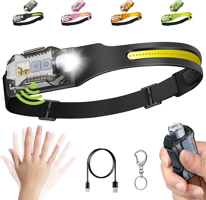 Head Lamp Led Rechargeable, 230° Wide Beam Sensing COB Headlamp Flashlight Detachable, 9 Light Modes, Hard Hat Lamp, IP65 Waterproof 400 Lumens for Camping, Hiking, Fishing, Working, Gift (Black)