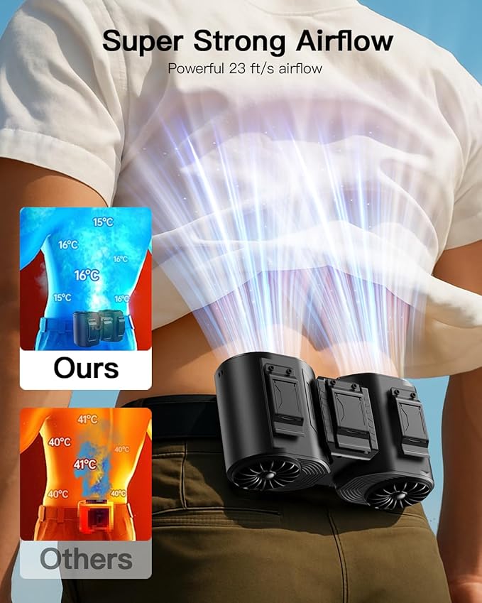 Portable Waist Fan Rechargeable, Detachable Dual Motors Personal Fans 5 Speeds 20000RPM Strong Airflow, 10000mAh 24H Runtime, Portable Neck Fan, Waist Belt Clip Fan for Outdoor, Camping (Black)