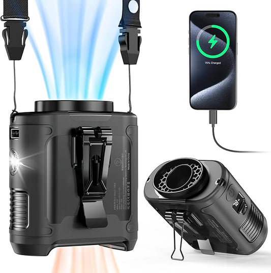 10000mAh Portable Waist Clip Fan, 40H Cooling Personal Wearable Fan, 5 Speeds 16000RPM Strong Belt Fan, Rechargeable Hands-free Neck Fan With Flashlight for Outdoor Jobsite Camping Traveling (Black)